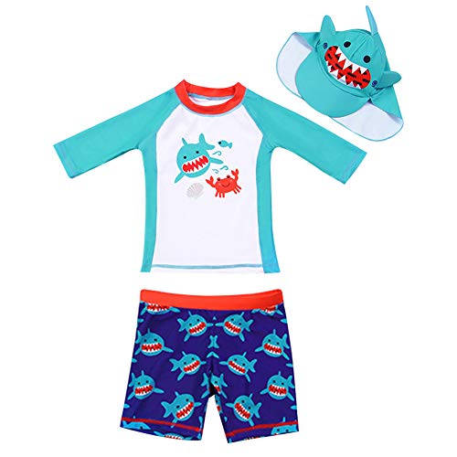 AIWUHE Baby Junge Zwei Stück Cartoon Badeanzug Schwimmbekleidung mit Hut Sonnenschutz Schwimmanzug Bade-Set, Blau, 90 Cover