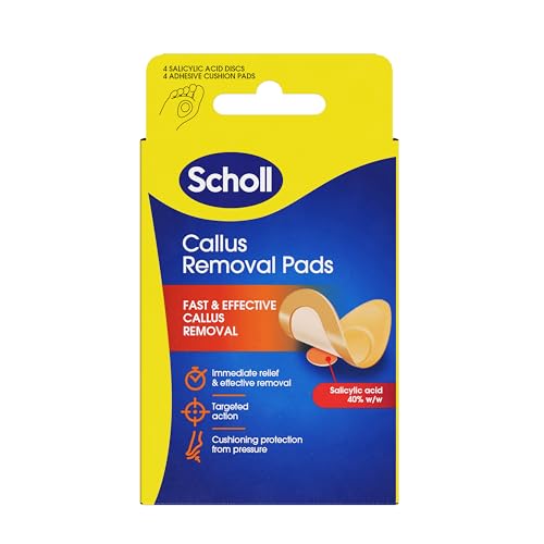 Scholl Callus Remover Pads for Feet - Targeted Action with 4 Salicylic Acid Discs and 4 Adhesive Cushion Pads for Fast & Effective Callus Removal Soft Pads for Immediate Protection from Rubbing