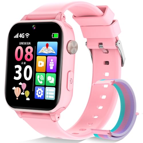Ucani 4G Kids Smart Watch Boys Girls, Kid GPS Tracker Watch Phone Video Call Wifi Position School Mode Pedometer SOS Games,Birthday Toy Gifts for 6-12 Years Old,Pink