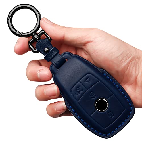 Tukellen for Mercedes Benz Key fob Cover Genuine Leather with Keychain,Leather Protector Key case Compatible Mercedes Benz 2017-2023 E-Class 2018-2021 S-Class 2019-2023 A-Class C-Class G-Class-Blue