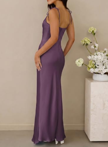 Image of 2026 Satin Cowl Neck Spaghetti Strap Maxi Dress for Women Bridesmaid | Silk,Tie Strap,Slip,Slit,Midi,Wedding Guest,Graduation,Elegant,Cocktail,Vacation,Party
