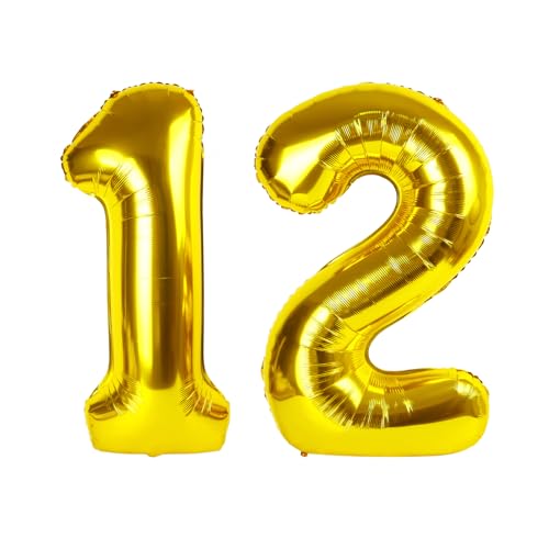Image of Number Balloons 12 Balloon 40 inch Gold for 12 21 Birthday Party Decoration | Saturated Color, Large 40 in, With Straw & Hanging Hole, For Graduation Season, Thanksgiving, Anniversary, Christmas
