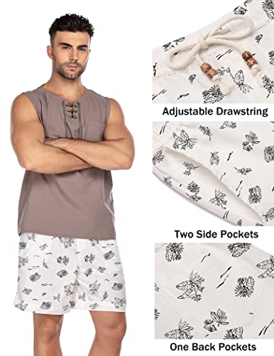 Coofandy Mens Fishing,Walk,Golf,Cycling,Running, Shorts, Cotton Beach Elastic Waist Floral Print Summer, Medium, White Palm #TOP4