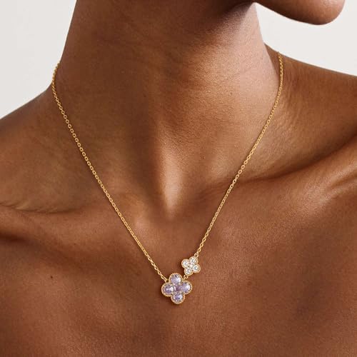 Gold Necklace for Women Birthstone Necklace for Women 14K Gold Plated Dainty Four Leaf Clover Cubic Zirconia Pendant Flower Necklace Gold Jewelry Gift for Women - Image 3