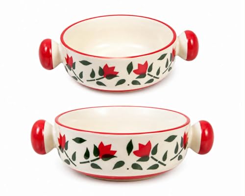 Image of Lupaava Handmade Ceramic Bowl Set of 2 | Printed Serving Bowls for Soup, Snacks, Dessert & Cereal | Microwave & Dishwasher Safe Kitchen Bowls (Multicolor) (Red)