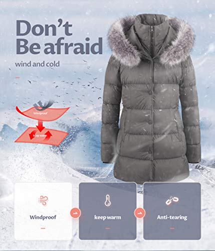 Creatmo Us Woman Puffer Parka Mid-Length Jacket Padded Thicken Long Coat With Fur Hood Grey S #TOP4