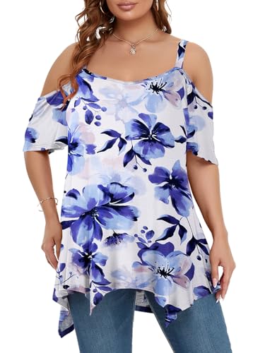 Image of LARACE Cold Shoulder Tops for Womens Summer Clothes Spaghetti Strape Tunic Oversized Shirts Asymmetrical Plus Size Blouse