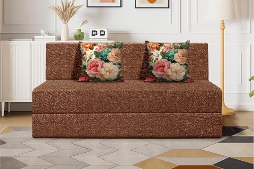 Image of Foldable 2 Seater Sofa Cum Bed, Sofa Bed 4 X 6 Feet, Jute Fabric- Washable Cover- Including Two Cushion Perfect for Home & Office - Brown Color