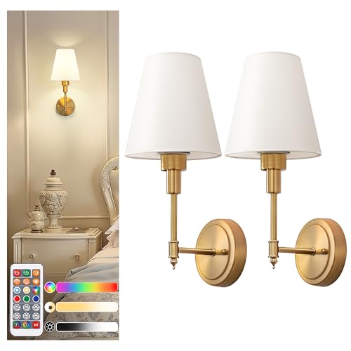 Image of DORESshop Battery Operated Wall Sconce Set of 2, Wall Light Wireless Easy to Install, Dimmable and Adjustable Sconces Wall Decor, Rechargeable Wall Lamp for Bedroom, Living Room, Gold 14.8in