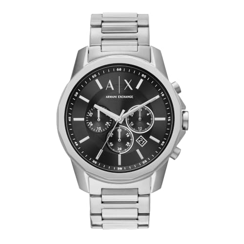 Image of Armani Exchange Silver Tone Watch for Men, Quartz Chronograph Movement and 44mm Case Size with Stainless Steel Strap