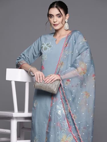 Image of INDO ERA Women Viscose Brown Embroidered Straight Kurta Trouser With Dupatta Set (Kh9Br7027)