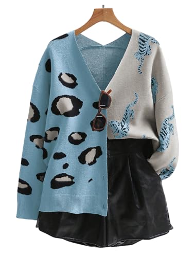 Image of WDIRARA Women's Leopard Tiger Print Cardigan V Neck Long Sleeve Color Block Button Down Sweater Outwear