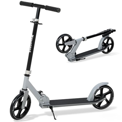 Novonova 200mm LED Big Wheel Scooter - Klappbarer Roller Kinder & Jugendliche im Alter 9-14 (125-175cm), 3 Höhenverstellbarer Cityroller mit Federung & Doppelbremse, Tretroller bis 100kg D005B(Grau)