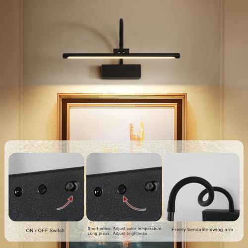 JOOSENLUX Wireless Picture Light - Battery Operated Black Wall Light with Remote Control - Dimmable Timer - 15.94” Display - Flexible Neck Swing Arm - Art Gallery Light - image 7