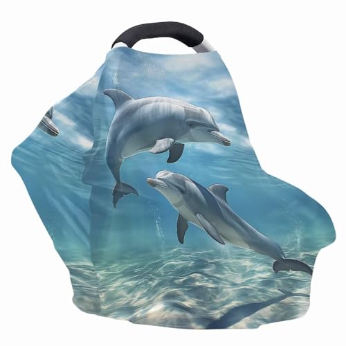 Image of ZFRXIGN Dolphin Baby Car Seat Cover Blue Ocean Theme Nursing Cover for Girls Soft Infant Carseat Canopy,Shopping Cart /High Chair /Stroller Covers, Baby Shower Gifts