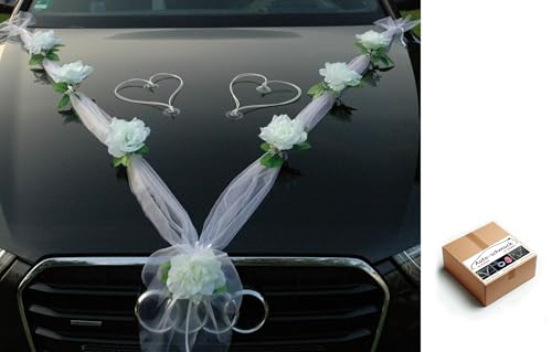 Auto-schmuck so einfach so kreativ Organza M + Corazones, Decoración para Coche de Bodas, Joyas para Coche, Rosas Artificiales, para Novias, Parejas de Novias, Wedding Car Deco (Blanco/Blanco/Blanco)