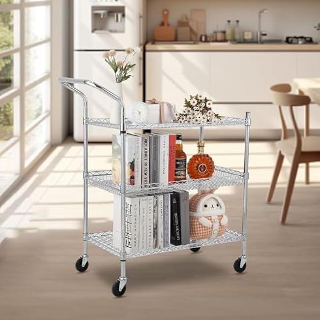 3 Tier Metal Rolling Utility Cart on Wheels, Chrome Steel Wire Storage Trolley with Handle, Heavy Duty Kitchen Serving Cart Organizer for Home Office Warehouse, High Handle-mwImp0VZ