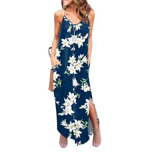 HUSKARY Women's Summer Casual Sleeveless V Neck Strappy Split Loose Dress Beach Cover Up Long Cami Maxi Dresses with Pocket X-Small Army Green