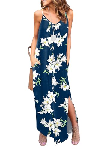 Image of HUSKARY Women's Summer Casual Sleeveless V Neck Strappy Split Loose Dress Beach Cover Up Long Cami Maxi Dresses with Pocket