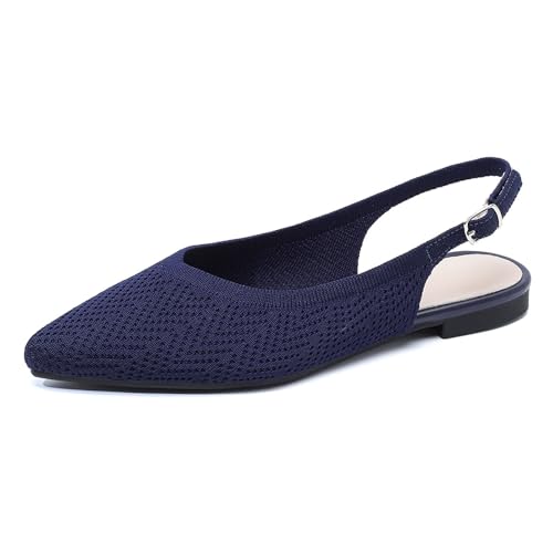 Women'S Knit Slingback Flats Elegant Pointed Toe Adjustable Buckle Toe Flat Ballerina Shoes Comfortable Light Commuting Walking Slip On Dressy Shoes