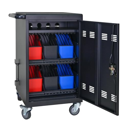 32 Plastic Device Lockable Charging Cart Holds Up to 14" with 6 5-Device Storage Compartment Tablet Laptop for Mobile Charging Storage Trolley with Cable Management Dividers Cable Clips Black