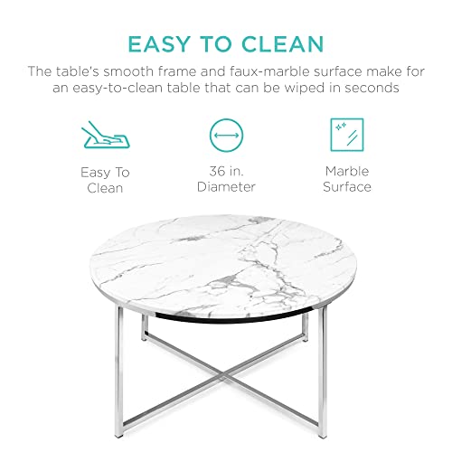 Best Choice Products Round Coffee Table 36In Faux Marble Coffee Table, Large Circular Living Room Table, Modern Boho Home Décor Metal & Marble Accent Table – White/Chrome #TOP3