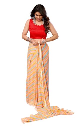 Image of ROOP SUNDARI SAREES Readymade Pleated Pre Drape Stitched Floral Printed Georgette Saree For Women's With Lace Border & Blouse(Ready To Wear One Minute)