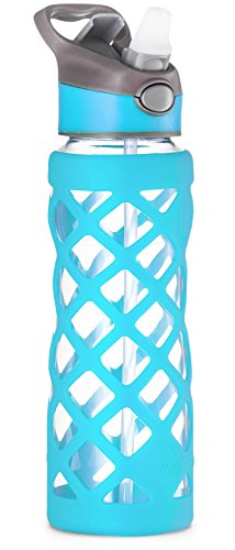 Swig Savvy Glass Water Bottle, Extra Large 25oz Capacity, Non Slip Silicone Sleeve, Borosilicate Glass Construction, BPA Free, 3 Interchangeable Caps-Blue