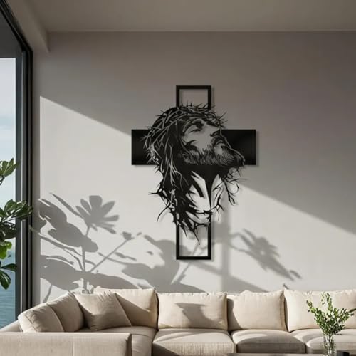 Image of BLIND SHOP Jesus Face and Plus Sign Metal Art for Home Decor | Wall Sculpture Home Decoration | Metal Art | Metal Wall Art | Wall Decor (57x43x1.5 CM)