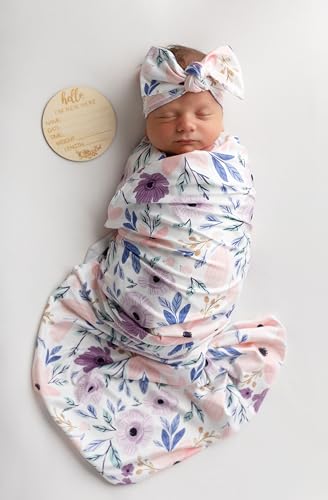 Image of Vollmic Newborn Baby Girl Receiving Blanket Swaddle Blanket Stretchy Knit Swaddle Set with Matching Headband Beanie with a Name Card (Pink and Purple Floral)