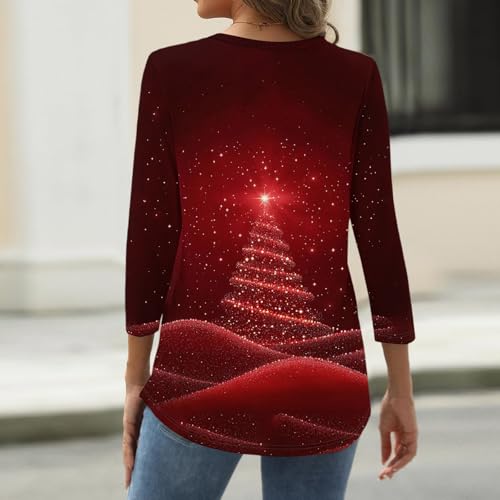 Image of Women Christmas Shirt 3 /4 Length Sleeve Henley Tops Xmas Outfits