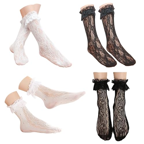 Image of 4 Pairs Women's Lace Ruffle Frilly Socks - Mesh Lace Trim Ankle High Socks