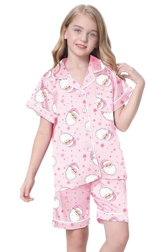 Image of Schbbbta Girls Womens Pajamas, Satin Silky Pjs Set Kids 2Pcs Button-Down Nightwear Sleepwear Gift for Mommy and me