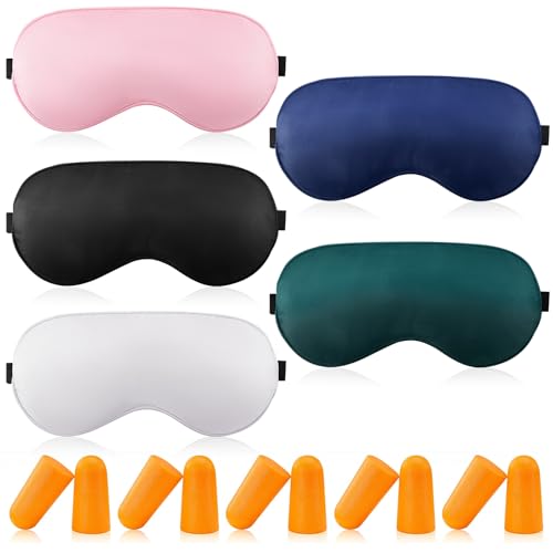 5PCS Sleep Mask Silk Eye Mask for Sleeping Blackout Sleeping Eye Mask for Women Men Soft Blackout Eye Mask with Adjustable Strap and 5 Pair Ear Plugs,Eye Cover Blindfold for Night,Travel,Nap