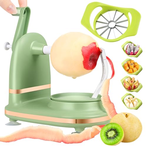 Sbucciapelle, cavolo e affetta mele a manovella, con ventosa, antiscivolo, lame in acciaio inox, sbuccia, anima e taglia in pochi secondi per la cucina di casa (verde - 1, taglia mele 12 fette)