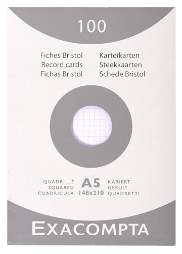 Exacompta 13208E pacote de 100 flashcards xadrez DIN A5 embrulhado em filme 14,8 x 21 cm ideal para escola e universidade para aprender branco, 205 g
