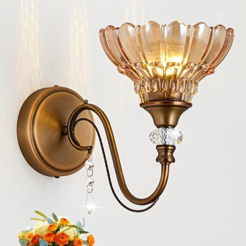 Image of 1 Piece Vintage Wall Sconce, 1-Light Matte Antique Brass Finish Wall Sconce with Hanging Crystal Accents and Flower-Shaped Amber Shades for Bathroom Bedroom Living Room,Vintage Vanity Light