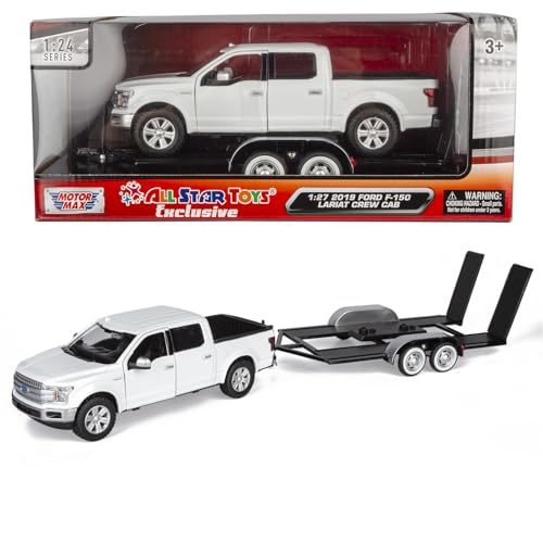 Motormax 2019 Ford F-150 Lariat Crew Cab Pickup Truck with a Car Hauler Truck & Tow Trailer Combo - 1/27 Scale Diecast Model White All Star Toys Exclusive 79363/76001