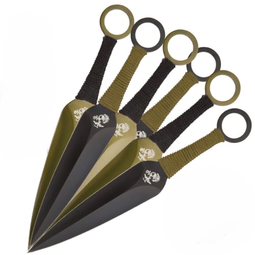 USMC Throwing Knife Set With Paper Target | 6 Piece Stainless Steel Throwers | 9 Inch Knives | Cord-Wrapped Handles | 3 Tan And 3 Black Knives | Nylon Carrying Case Included