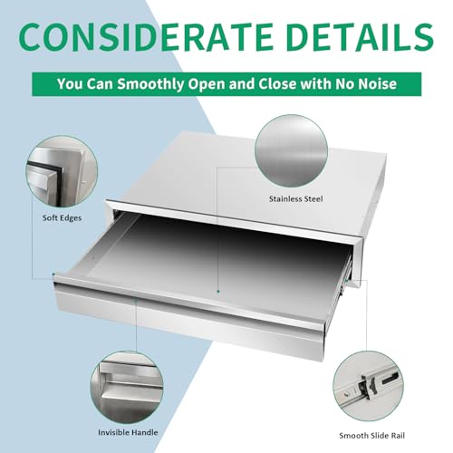 Image of Outdoor Kitchen Drawers 24 inch W x 6.5 inch H x 23 inch D Stainless Steel Single Drawers with Hidden Handle for BBQ Island, Patio Grill Station & Outdoor Kitchen Cabinets