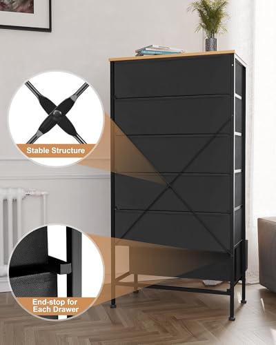 Crestlive Products Rattan Dresser Storage Tower, Tall Fabric Dresser, Chests of Drawers, Wood Top - Organizer Unit for Bedroom, Hallway, Entryway, Closets (Natural, 6 Drawers)