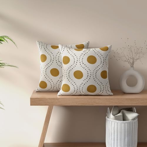 Image of HUESLAND Premium Cotton Cushion Cover 16 inch x 16 inch | Decorative Square Throw Pillow Covers Set for Sofa, Living Room & Bedroom | Set of 2 | Natural, Golden Ochre & Bistre