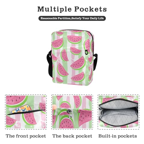 VIGTRO Small Crossbody Bag for Women Men, Pink Watermelon Slices Messenger Bag Purse with Adjustable Strap, Pink Green Stripes Small Shoulder Bag for Travel Outdoor Sports3
