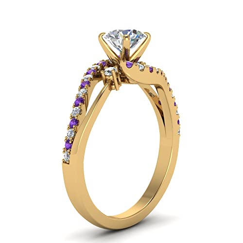 Image of Choose Your Gemstone Swirl 3 Stone Diamond CZ Engagement Ring Yellow Gold Plated Round Shape Side Stone Engagement Rings for Women, Girls and Ladies US Size 4 to 12