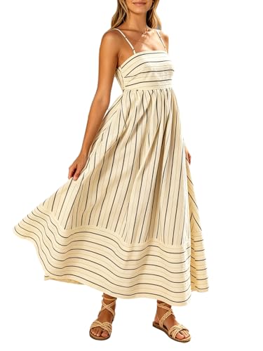 Image of utcoco Womens Summer Striped Back Smocked Maxi Sundresses Spaghetti Strap Cut Out Flowy Swing A Line Long Dress