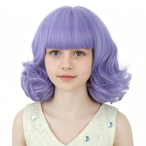 Purple Kids Wig Short Curly Lavender Purple Bob Chlid Wigs with Bangs Synthetic Wigs with Wig Cap for Cosplay Party Costume