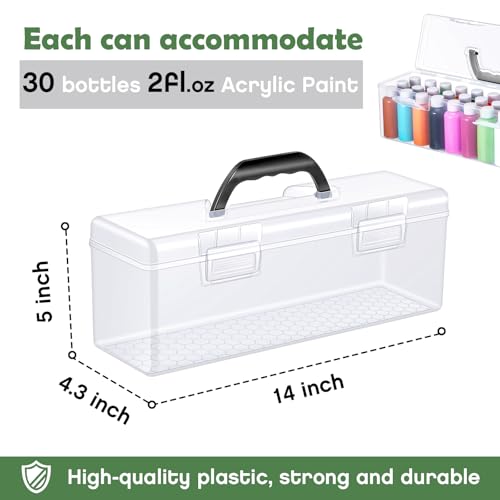 Image of Threehoney 3 Pcs Paint Storage Box for 2 Fl. oz Acrylic Paints, Acrylic Portable Craft art Organizer with Handle, 30 Bottles Capacity Plastic Art Supply Clear Boxes