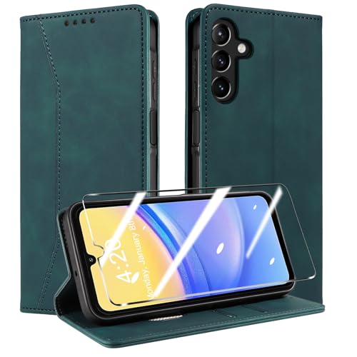 QHOHQ Handyhülle für Samsung Galaxy A15 4G/5G Hülle mit Panzer Folie, Premium Leder Schutzhülle, [RFID Sperrung Schutz], Magnet Klappbar Flip Case Tasche, Multifunktional, Stoßfest (Traum)-Seegrün