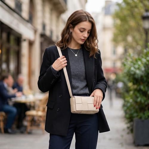 Image of Mini Woven Crossbody Bag for Women, Square Shoulder Handbag Leather Clutch Purse Cute Fanny Packs with Adjustable Belt