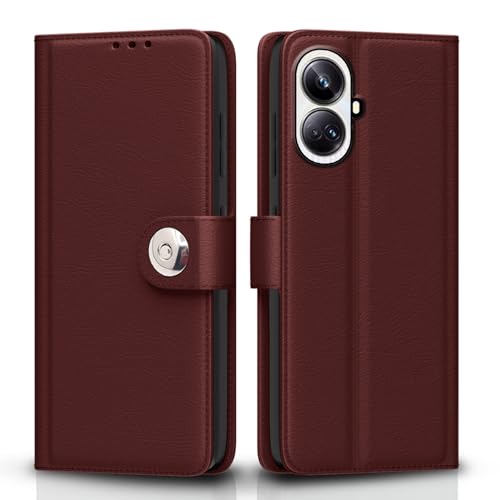 Image of Pikkme Flip Cover Leather Finish | Inside TPU with Card Pockets | Wallet Stand and Shock Proof | Complete Protection Button Flip Case for Realme 10 Pro Plus 5G (Brown)